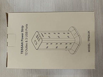 Tower Extension Lead with 3 USB Slots, TESSAN 12 Way Multi Plug Adaptor with Switch, Surge Protected Power Strip with 2M Cable (13A 3250W) for Home, Office, Kitchen, School Supplies