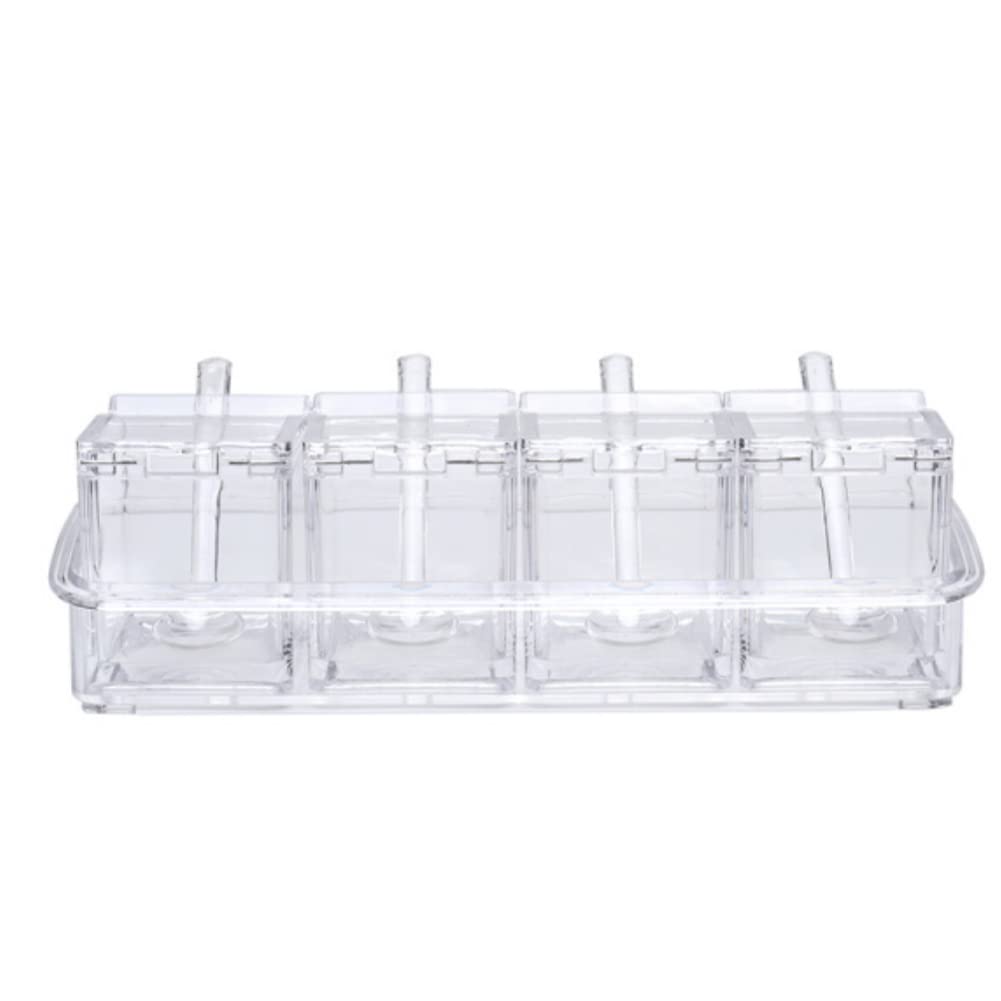 LOYUYU Seasoning Box, Seasoning Rack Spice Pots, Storage Container Condiment Jars, 4 Piece Clear Acrylic Cruet with Cover and Spoon Transparent