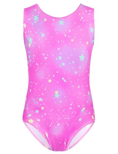 TENVDA Gymnastics Leotards for Girls 5-6 Years Old Tank Tumbling Outfit Sparkly Pink Stars Printed Durable Training Bodysuits