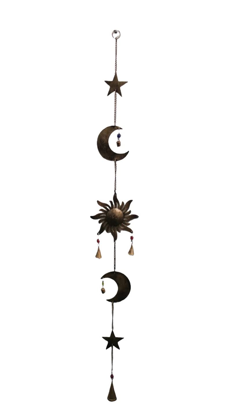 43 Inch Metal Sun Moon Star Wind Chime – Antique Bronze Celestial Wall Hanging with Bells – Handcrafted Boho Home & Garden Decor for Balcony, Patio, Porch, Entryway.