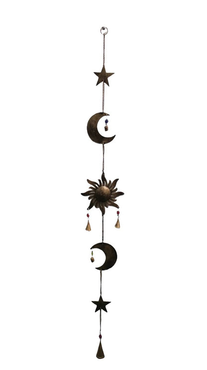 43 Inch Metal Sun Moon Star Wind Chime – Antique Bronze Celestial Wall Hanging with Bells – Handcrafted Boho Home & Garden Decor for Balcony, Patio, Porch, Entryway.