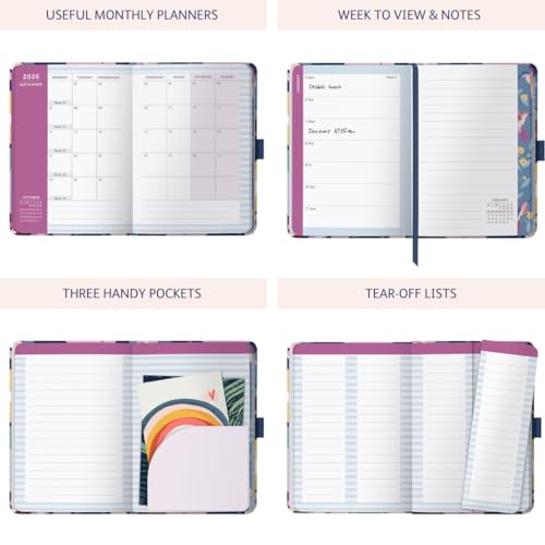 Busy B 2026 Diary A6 Weekly Planner with To-Do Lists & Notes Pages – Compact Multicoloured Floral Journal - Week-to-View Layout, 3 Pockets & Year Planner
