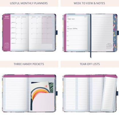 Busy B 2026 Diary A6 Weekly Planner with To-Do Lists & Notes Pages – Compact Multicoloured Floral Journal - Week-to-View Layout, 3 Pockets & Year Planner