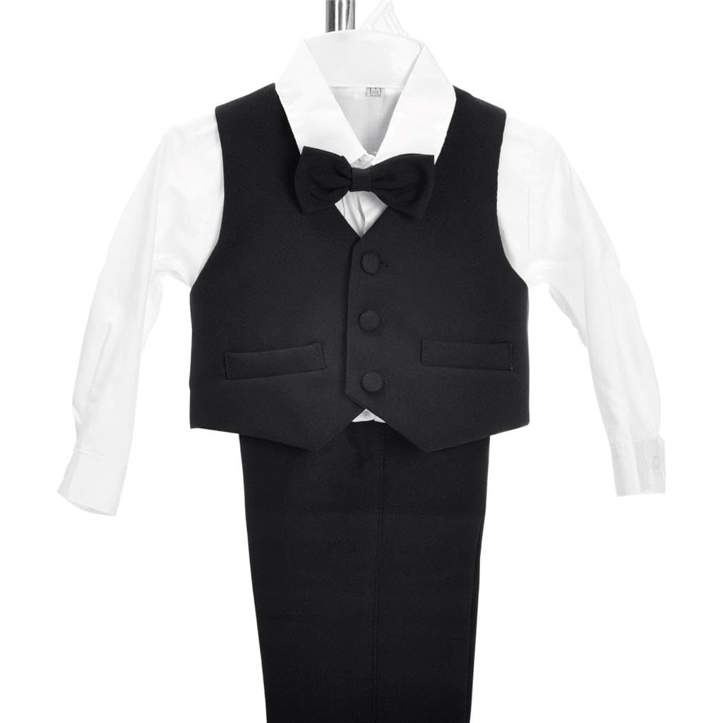 Lito Angels Baby Boy Formal Dress Suit Wedding Outfit Wear, 5 Pieces Set (Blazer, Shirt, Waistcoat, Trousers, Bow Tie) Age 12-18 Months, Black, 057 (Tag Number 01)