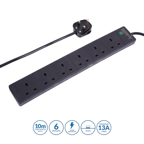 pro elec 6 Gang 10 m Extension Lead Surge Protector - Black