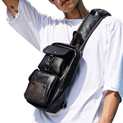 Leather Sling Bag Crossbody Backpack for Men Women Outdoor Travel Camping Shoulder Chest Day Pack Vintage Backpacks Daypack