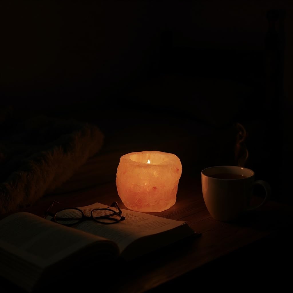 Natural Himalayan Salt Candle Holder, Pink Crystal Tealight Votive, Hand Carved, 3 x 3 x 2.5 Inches, 1-2 Pounds