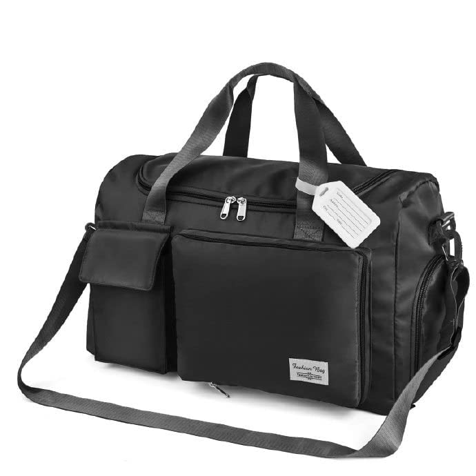Lightweight Travel Gym Duffel - Foldable Overnight Holdall Bag for Women with Wet/Dry Separation - Cabin Bag for Sports & Travel - Black
