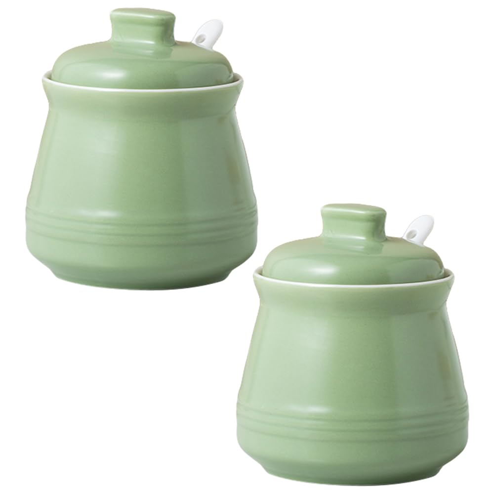 YMYL 2 Pcs Ceramic Sugar Bowls with Lid and Spoon, Farmhouse Seasoning Storage Jar Salt Container for Sugar, Pepper, Coffee, Spice, Salt (Apple Green)