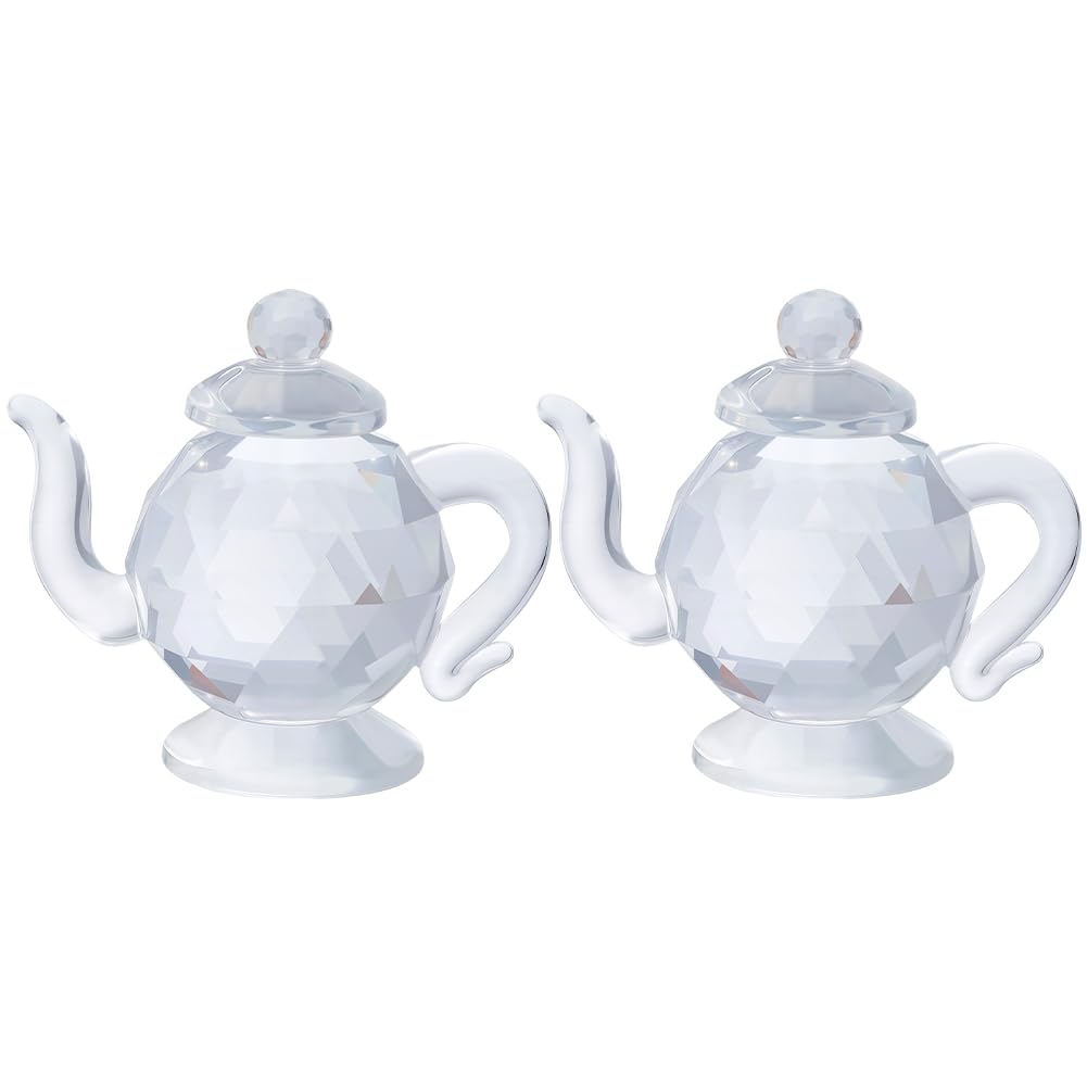 GORGECRAFT 2Pcs Crystal Teapot Figurine Clear Glass Faceted Chinese Tea Pot Display Tabletop Ornament Statue Mini Sculptures for Home Office Dining Table Centerpiece Decorations