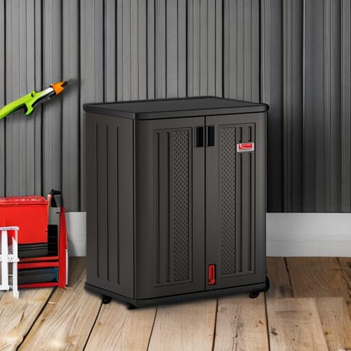 Suncast Commercial Heavy-Duty 9 Cubic Ft. Resin Storage Cabinet with Lockable Handles, Adjustable Metal-Reinforced Shelves for Garage or Workspace, Black, Made in The USA