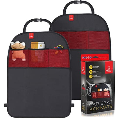 Royal Rascals Car Seat Kick Mats Back Seat Protector (2 Pack) Durable Waterproof Back Seat Organiser for Kids, Car Travel Accessories with Pockets & Storage, Road Trip Essentials, Easy to Install