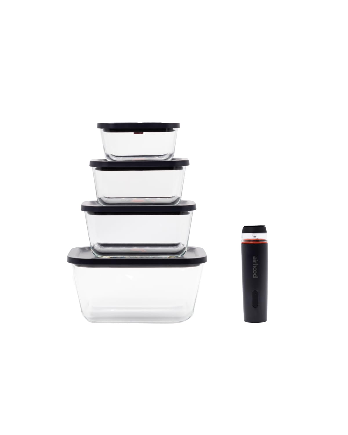 airhood Vacuum Food Storage Container Set | Powerful Electric Vacuum Pump + 4 Borosilicate Glass Containers | Keeps Food Fresh 5X Longer | Microwave, Freezer & Oven Safe | BPA-Free & Stackable