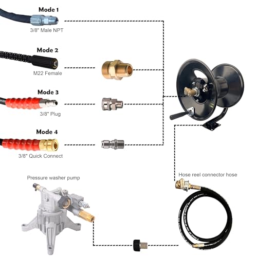 M MINGLE High Pressure Washer Hose Reel 150ft, Heavy Duty Steel Hose Reel, Manual Crank Power Washer Hose Reel with 3/8" Pressure Wash Hose, Swivel Arm and Mounting Bracket, 4000 PSI