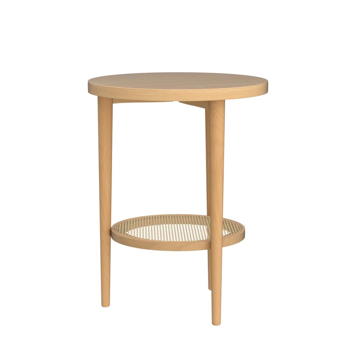 Nathan James Sonia Boho Round Accent End Table, Natural Sofa Side Table in Light Wood with Rattan Storage Shelf for Living Room, Bedroom or Nursery, Light Brown