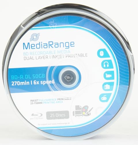 MediaRange BD-R Dual Layer 50GB 6x Write Speed, Full Surface Printable, Cake Box of 25