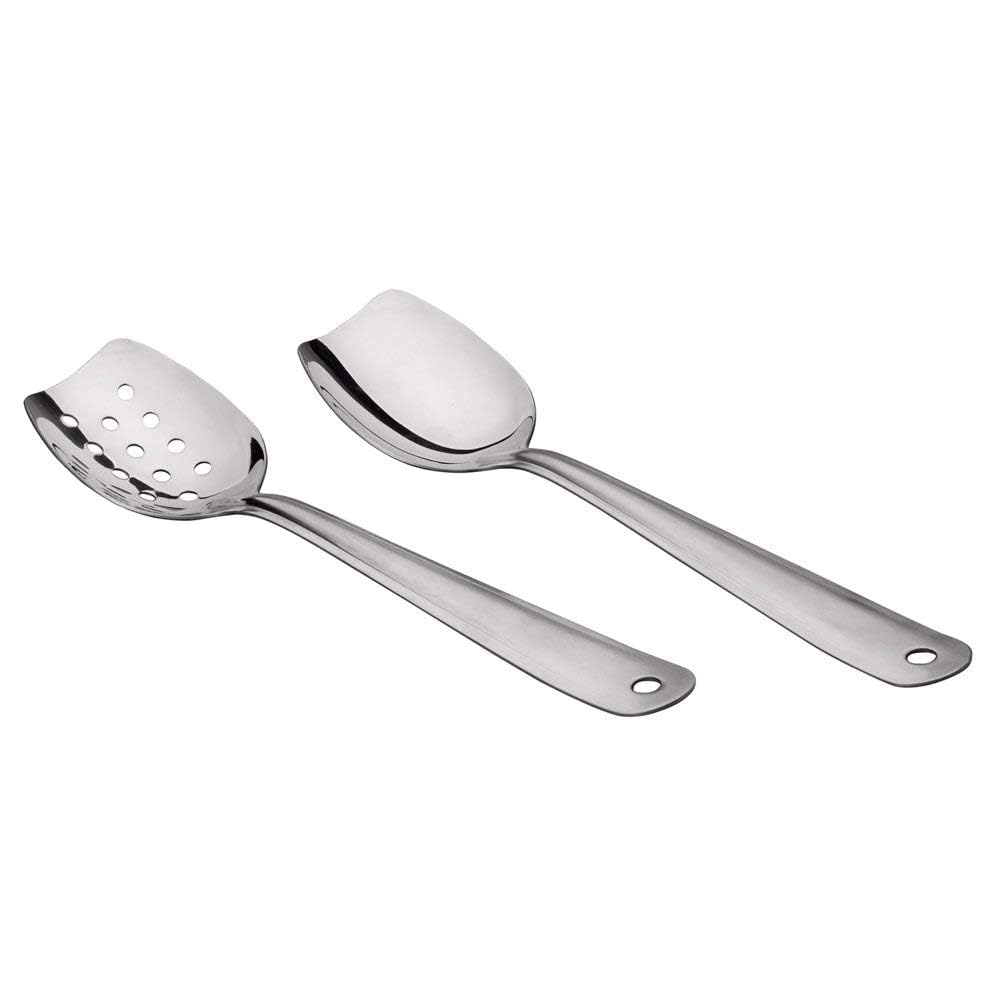 IMEEA 10 Inch Flat Bottom Scraping Cooking Spoon Set of 2, 18/8 Stainless Steel Slotted & Solid Stirring Spoon, Flat Edge Kitchen Spoon for Stir Fry, Sauce, Soup, Instant Pot