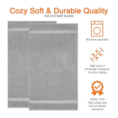 Amazon Basics 2 Bath towel for bathroom, Fade Resistant 100% Cotton Bath Towels, soft absorbent, 2-Pack (70x140 cm), Grey