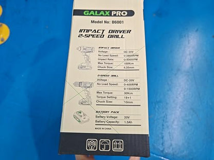 GALAX PRO D6001 20V 2-speeds Drill Driver and Impact Driver Combo Kit, Cordless Drill Driver/Impact Driver, 1pcs 1.3Ah Lithium-Ion Batterie, Charger Kit, 11pcs Accessories and Tool Bag
