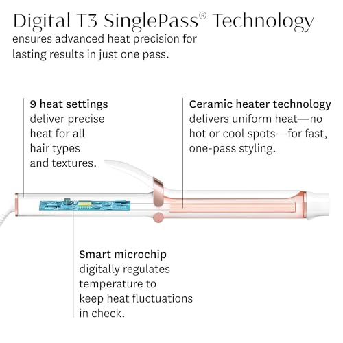 T3 SinglePass Curl X Extra-Long Barrel 1", 1.25", 1.5" Curling Iron with 9 Heat Settings and Ceramic Barrel for Fast Styling and Lasting Results on All Hair Types