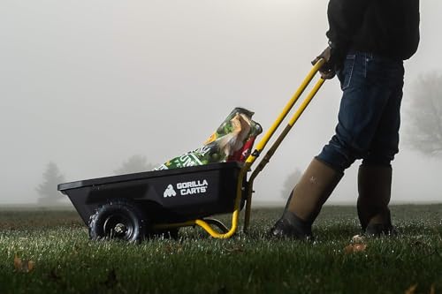 Gorilla Carts GCR-4 4 Cu. Ft Poly Yard Cart, 300-pound Capacity, Garden Cart with 30in x 24in impact-resistant poly bed and 10in pneumatic tires, Black/Yellow