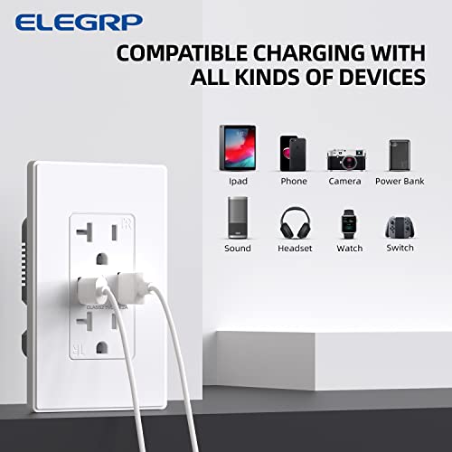 ELEGRP USB Charger Wall Outlet - 20 Amp Duplex Tamper Resistant Receptacle with USB A & C Ports, NEMA 5-20R, Wall Plate Included, UL Listed, 30 Pack, Matte White