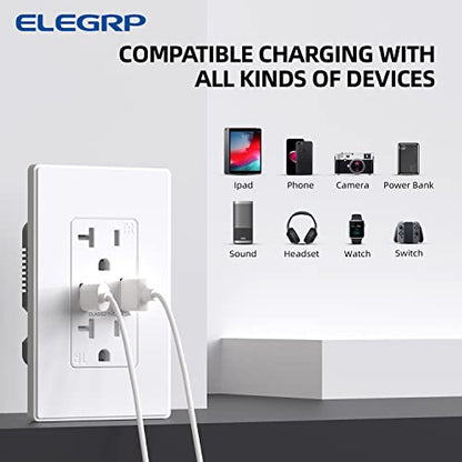 ELEGRP USB Charger Wall Outlet - 20 Amp Duplex Tamper Resistant Receptacle with USB A & C Ports, NEMA 5-20R, Wall Plate Included, UL Listed, 30 Pack, Matte White