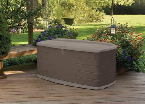 Rubbermaid Large Resin Outdoor Storage Deck Box with Seat (90 Gal), Weather Resistant, Brown, Deck Organization for Home/Backyard/Pool Chemicals/Toys/Garden Tools/Porch/Patio Cushions