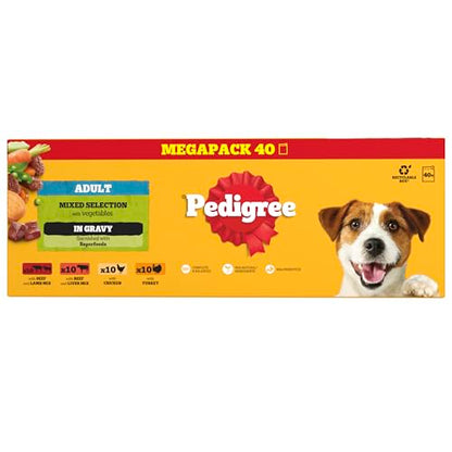 Pedigree Adult Dog Wet Food Pouch Mixed Selection in Gravy, 40x100g