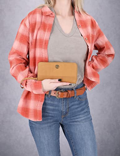 Timberland Women's Leather RFID Zip Around Wallet Clutch with Wristlet Strap, Wheat (Nubuck), One Size