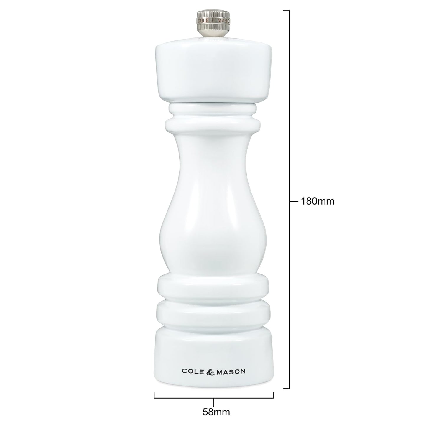 Cole & Mason H233095 London White Gloss Salt and Pepper Mill Set, Precision+ Carbon/Ceramic Mechanisms, Salt and Pepper Grinders with Adjustable Grind, Beech Wood, 180mm, Gift Set