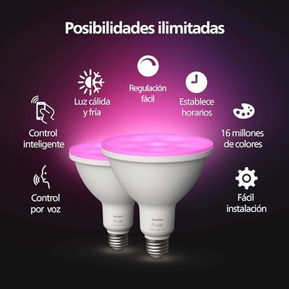 PHILIPS Hue Smart 100W PAR38 LED Bulb, 2 Pack, White & Color Ambiance Color-Changing Light, 1300LM, E26, Outdoor Light Bulbs, Control with Hue App, Works with Alexa, Google Assistant and Apple Homekit