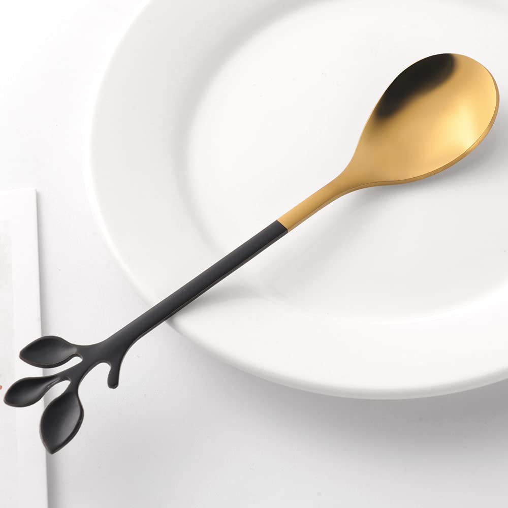 AnSaw Elegant Black & Gold Leaf Coffee Spoons - 10-Piece, 4.7" Mini Spoon