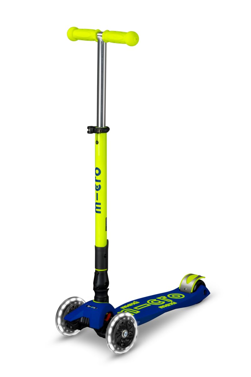 Micro Kickboard | Maxi Foldable LED Kids Scooter for Ages 5-12 | Children up to 110 lbs | 3 Wheel Lean-to-Steer Design | Adjustable T Bar | Smooth Ride, Motion Activated PU LED Wheels | Swiss Design