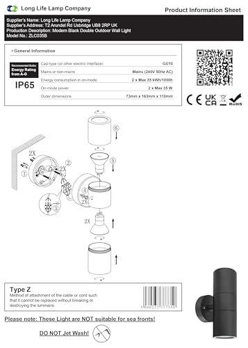 Long Life Lamp Company Black Stainless Steel Double Wall Light IP65 Up Down Outdoor Wall Light ZLC035B
