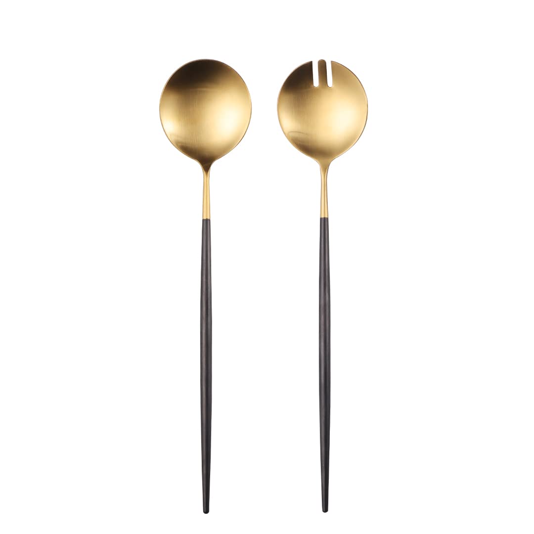 Zerophilo Salad Servers,Spoon and Fork Set 11.41 inch,18/10 Stainless Steel Salad Serving Titanium Plating (Gold)