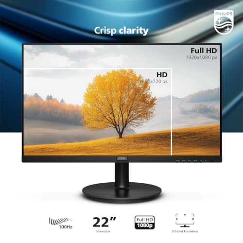 Philips 221V8LB 22 inch Class Thin Full HD (1920 x 1080) Monitor, 100Hz Refresh Rate, VESA, HDMI x1, VGA x1, LowBlue Mode, Adaptive Sync, 4 Year Advance Replacement Warranty