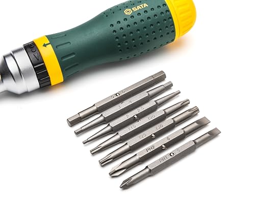 SATA ST09350 19-in-1 Multipurpose Ratcheting Screwdriver Set with 8 Double-Sided Bits and a Green and Yellow Oil-Resistant Handle