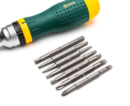 SATA ST09350 19-in-1 Multipurpose Ratcheting Screwdriver Set with 8 Double-Sided Bits and a Green and Yellow Oil-Resistant Handle