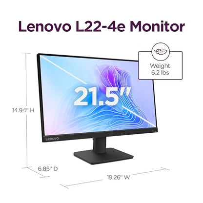 Lenovo L22e-40 Monitor, 21.45” FullHD Resolution, 250 nits Brightness, 75Hz Refresh Rate, AMD FreeSync, HDMI and VGA Ports, Tilt-Adjustable Stand, Natural Low Blue Light, Cloud Grey