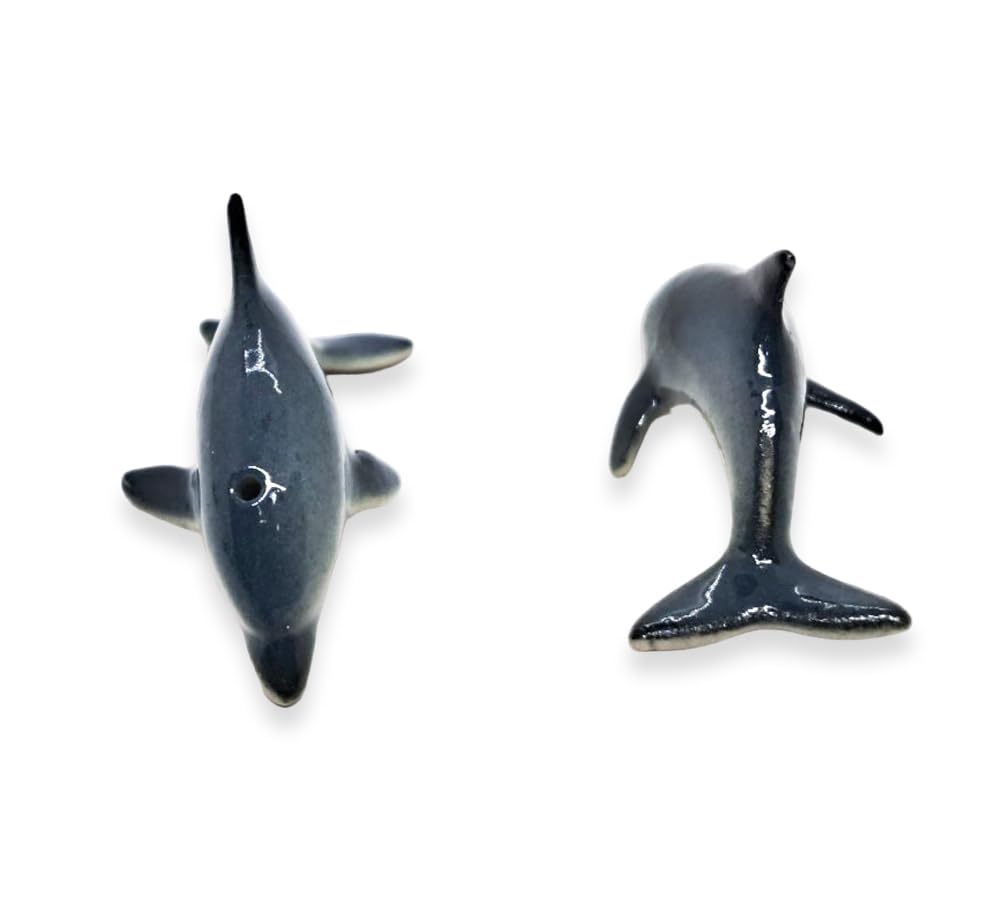 WitnyStore Tiny 1¼" Blue Gray Curved Dolphin Figurine - Miniature Hand Made Ceramic Dolphins Porpoises Whales Marine Mammal Aquatic Sea Animals Fish Porcelain Decorative Collectible Figure Décor Gifts