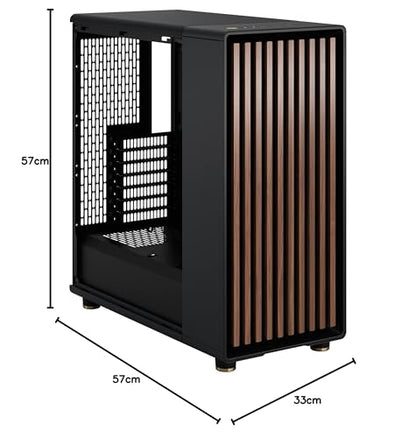Fractal Design North Charcoal Black Tempered Glass Dark - Wood Walnut front - Glass side panel - Two 140mm Aspect PWM fans included - Type C USB - ATX Airflow Mid Tower PC Gaming Case