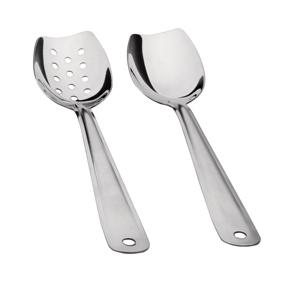 IMEEA 10 Inch Flat Bottom Scraping Cooking Spoon Set of 2, 18/8 Stainless Steel Slotted & Solid Stirring Spoon, Flat Edge Kitchen Spoon for Stir Fry, Sauce, Soup, Instant Pot