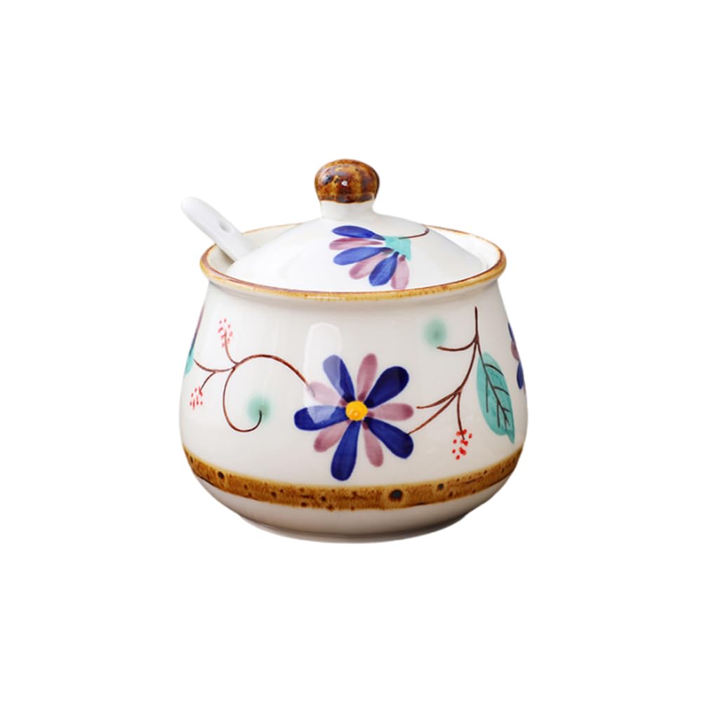 YMYL Ceramic Sugar Bowl with Lid and Spoon, 11oz Porcelain Sugar Holder for Coffee Bar, Salt Container Pepper Storage Jar for Home and Kitchen (Blue)
