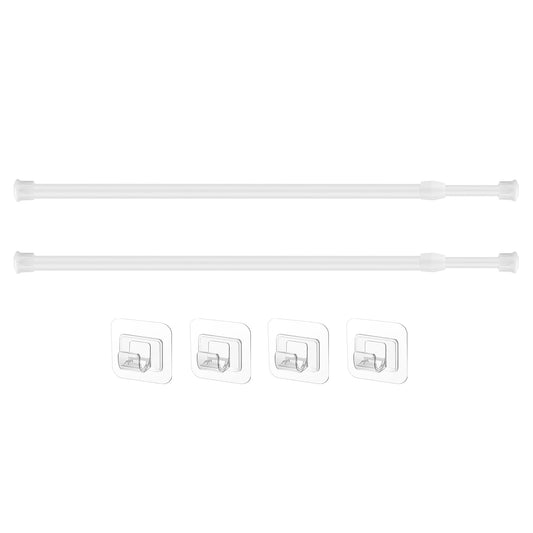 2 Pieces Adjustable Curtain Rod Extendable Spring Tension Rod with Self Adhesive Hook for Closet, Wardrobe, Bookshelf, Small Window, White (15.7 to 27.5 Inch)