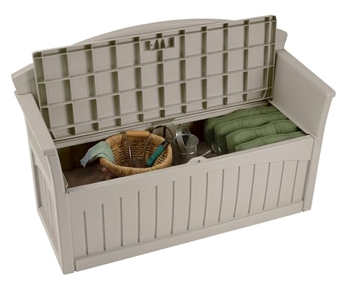 Suncast 50 Gallon Patio Bench with Storage - Decorative Resin Outdoor Patio Bench for Deck, Patio, Garden, Backyard - Ideal for Storing Toys, Cushions, Tools - Taupe ()