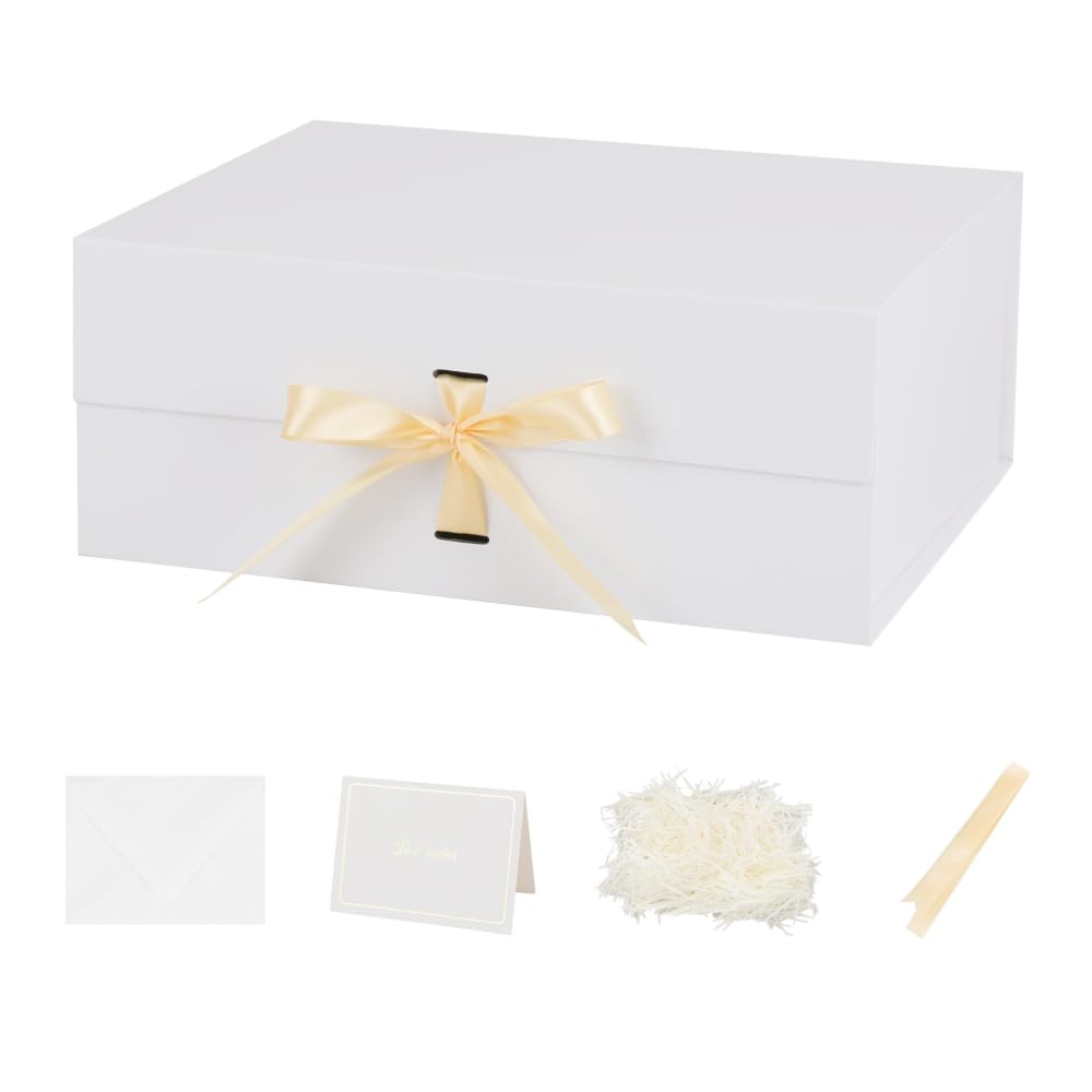 BoxSkivra White Large Gift Box with Ribbon 1 Pack 13X11X5.3 Inch Large Box with Lid Magnetic Closure Rectangle Collapsible Luxury Wrap Box for Weeding Gifts Crinkle Cut Paper Shred with Card
