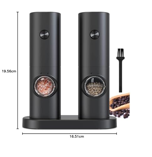 COKUNST Electric Pepper and Salt Grinder Set, Battery Powered Adjustable 5 Levels of Coarseness Black Pepper Mills with Stand, Automatic Grinding with LED Light for BBQ Resturant Kitchen