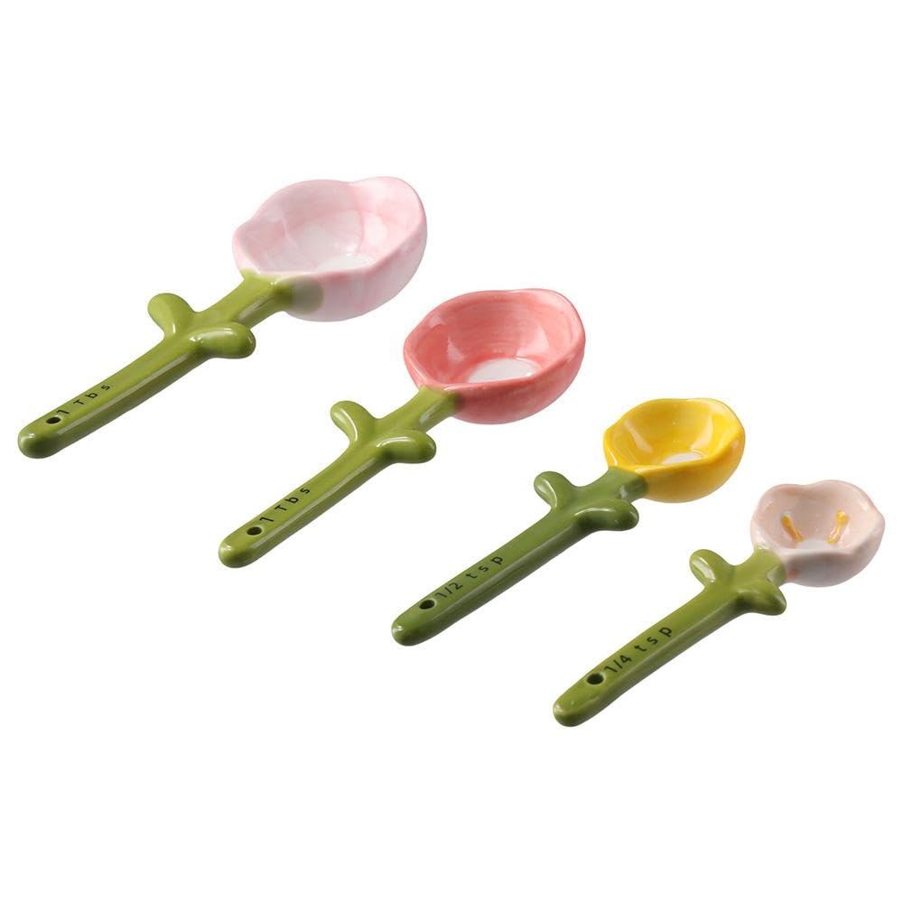 hobbyme Sunflowers Measuring Spoons and Cups Set, Cute Ceramic Measuring Spoons, Baking Sunflowers Measuring Spoon with Holder for Milk Powder Sugar Salt Wet Dry Ingredients
