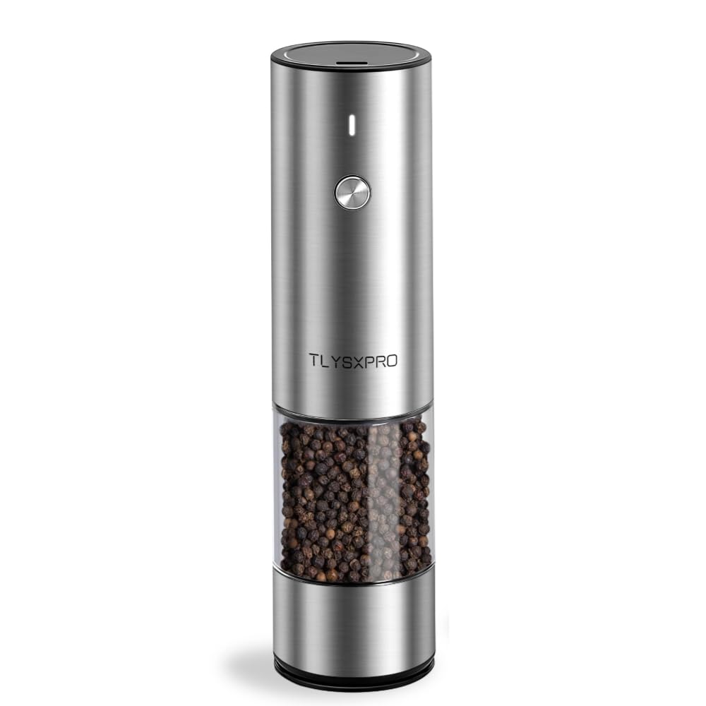 Electric Salt and Pepper Grinder, USB Rechargeable, Automatic Salt and Pepper Shaker, Adjustable Coarseness, Electric Pepper Mill, LED Light, Refillable, Kitchen Gadget (1-Pack, Stainless Steel)